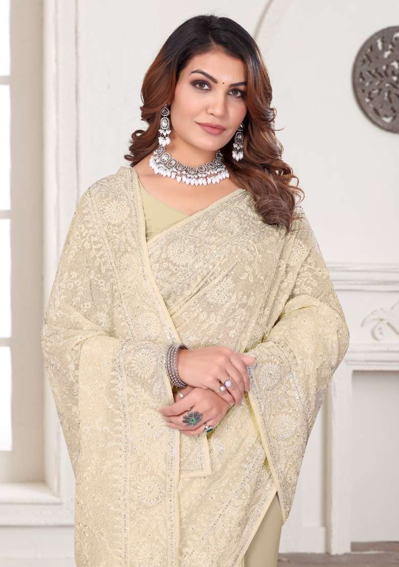 Off White Embroidered Georgette Saree Set - Indya