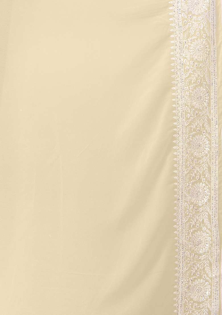 Off White Embroidered Georgette Saree Set - Indya