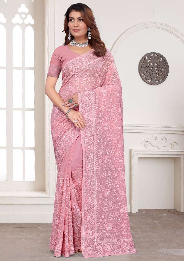 Dusty Pink Embroidered Georgette Saree Set - Indya