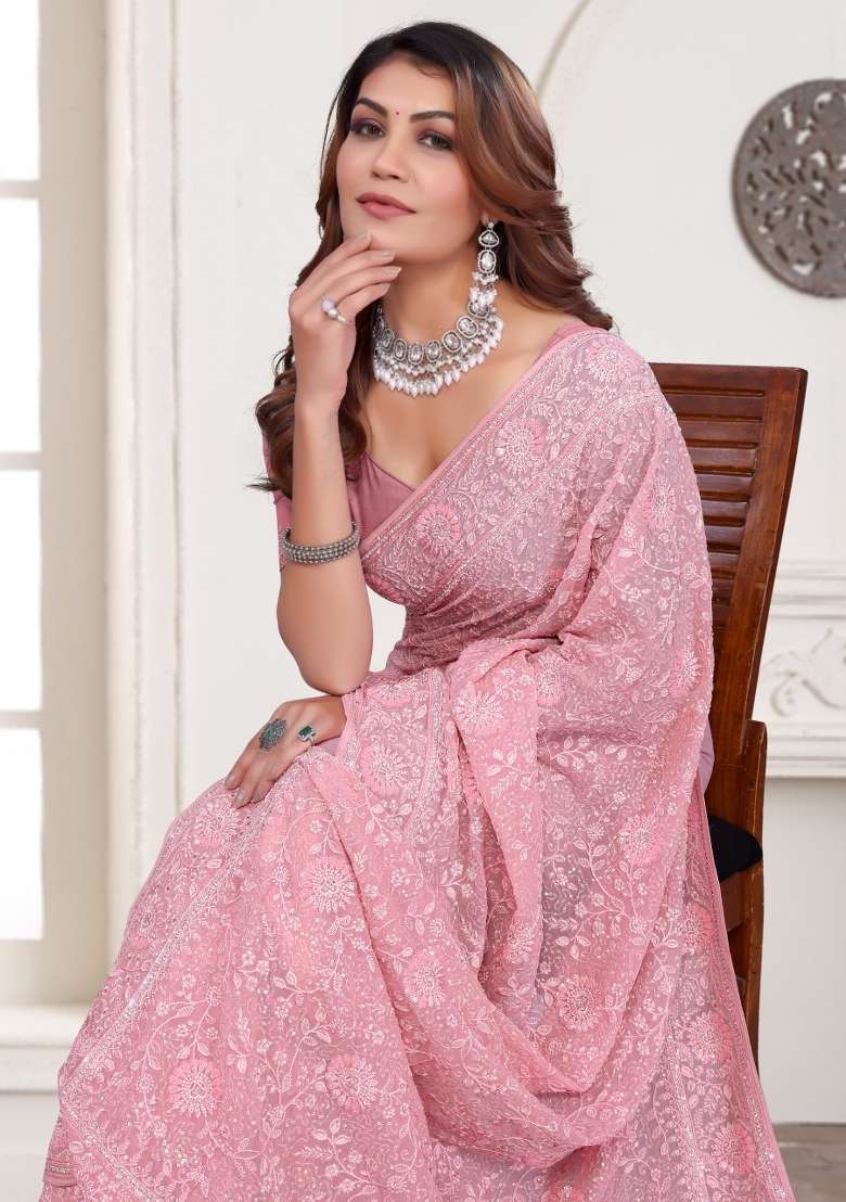 Dusty Pink Embroidered Georgette Saree Set - Indya