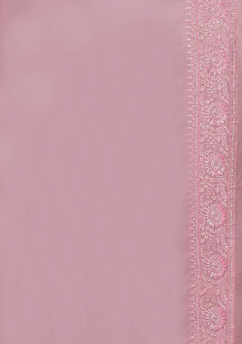 Dusty Pink Embroidered Georgette Saree Set - Indya