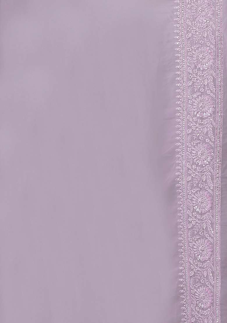 Lavender Embroidered Georgette Saree Set - Indya
