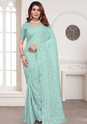 Dusty Sky Embroidered Georgette Saree Set