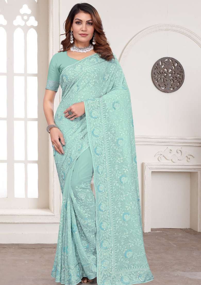 Dusty Sky Embroidered Georgette Saree Set - Indya