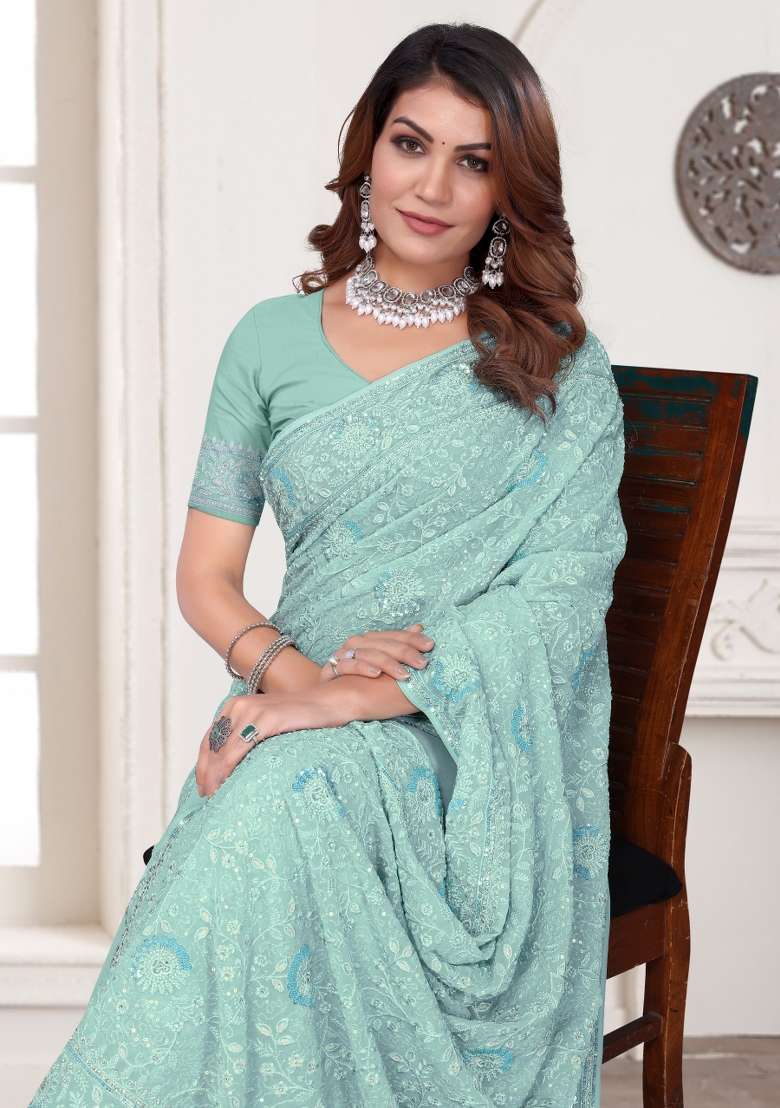 Dusty Sky Embroidered Georgette Saree Set - Indya