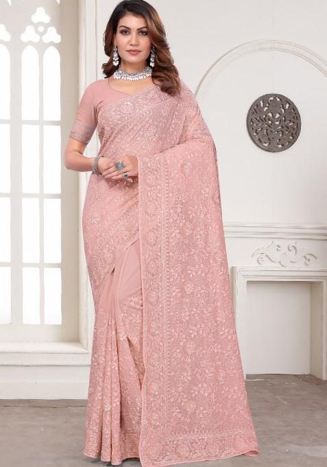 Dusty Peach Embroidered Georgette Saree Set