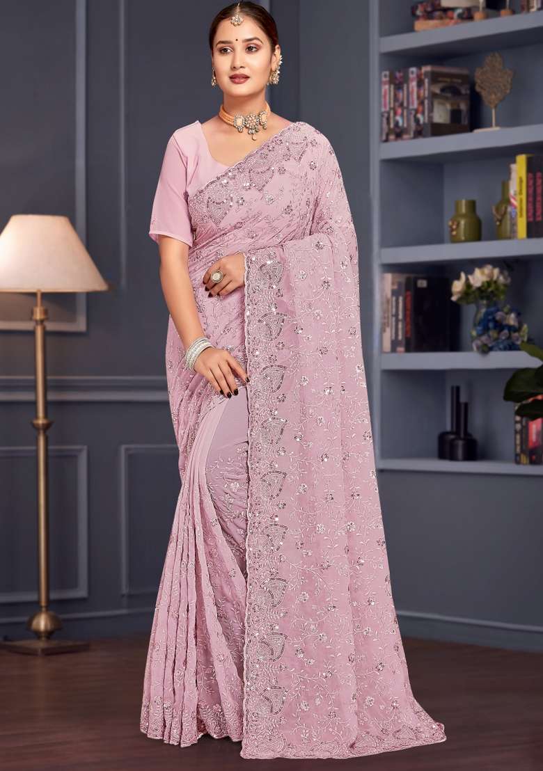 Lavender Embroidered Georgette Saree Set - Indya