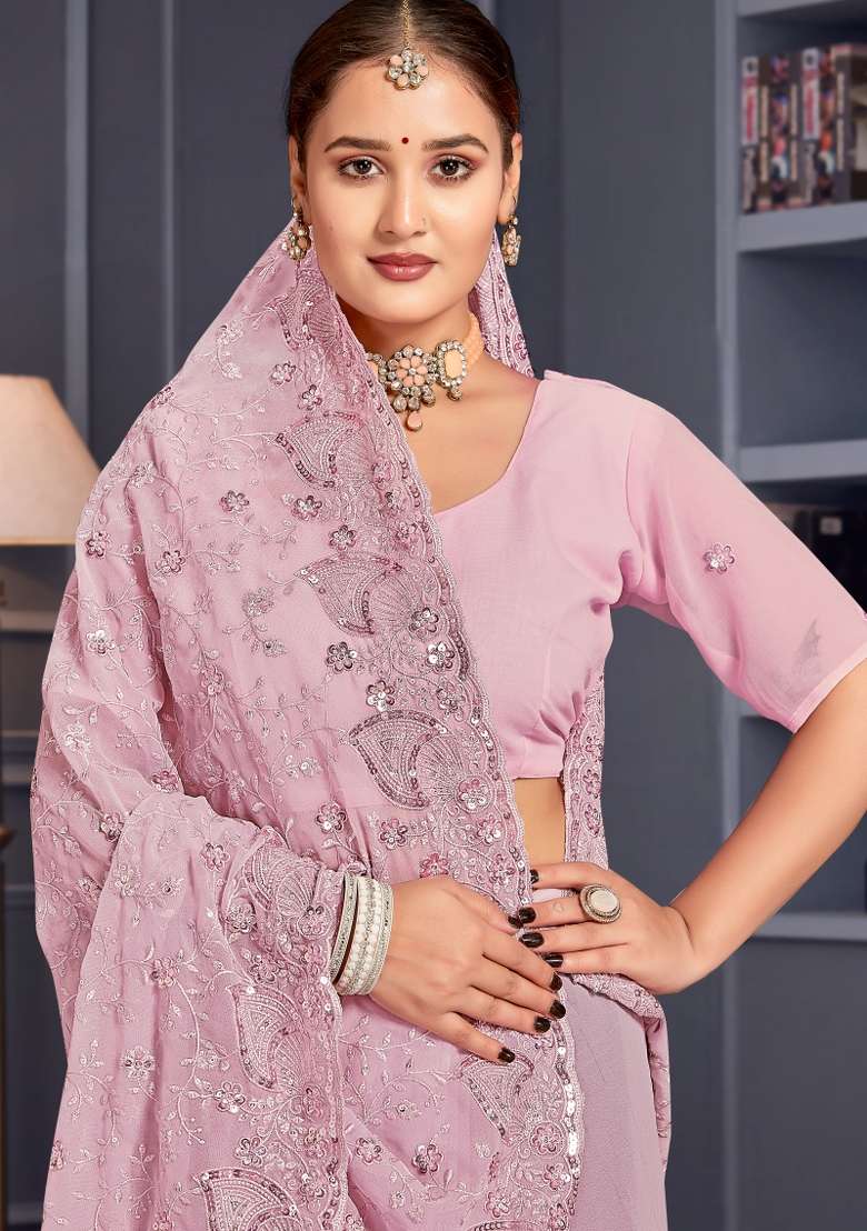Lavender Embroidered Georgette Saree Set - Indya