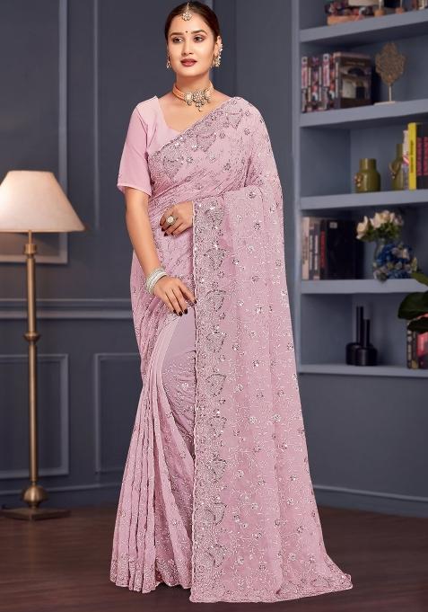 Lavender Embroidered Georgette Saree Set