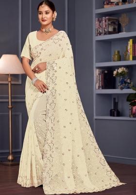 Off White Embroidered Georgette Saree Set