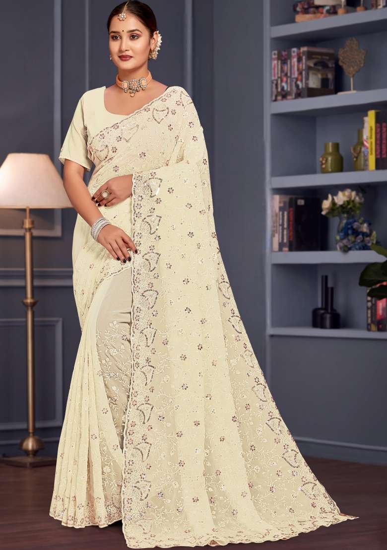 Off White Embroidered Georgette Saree Set - Indya