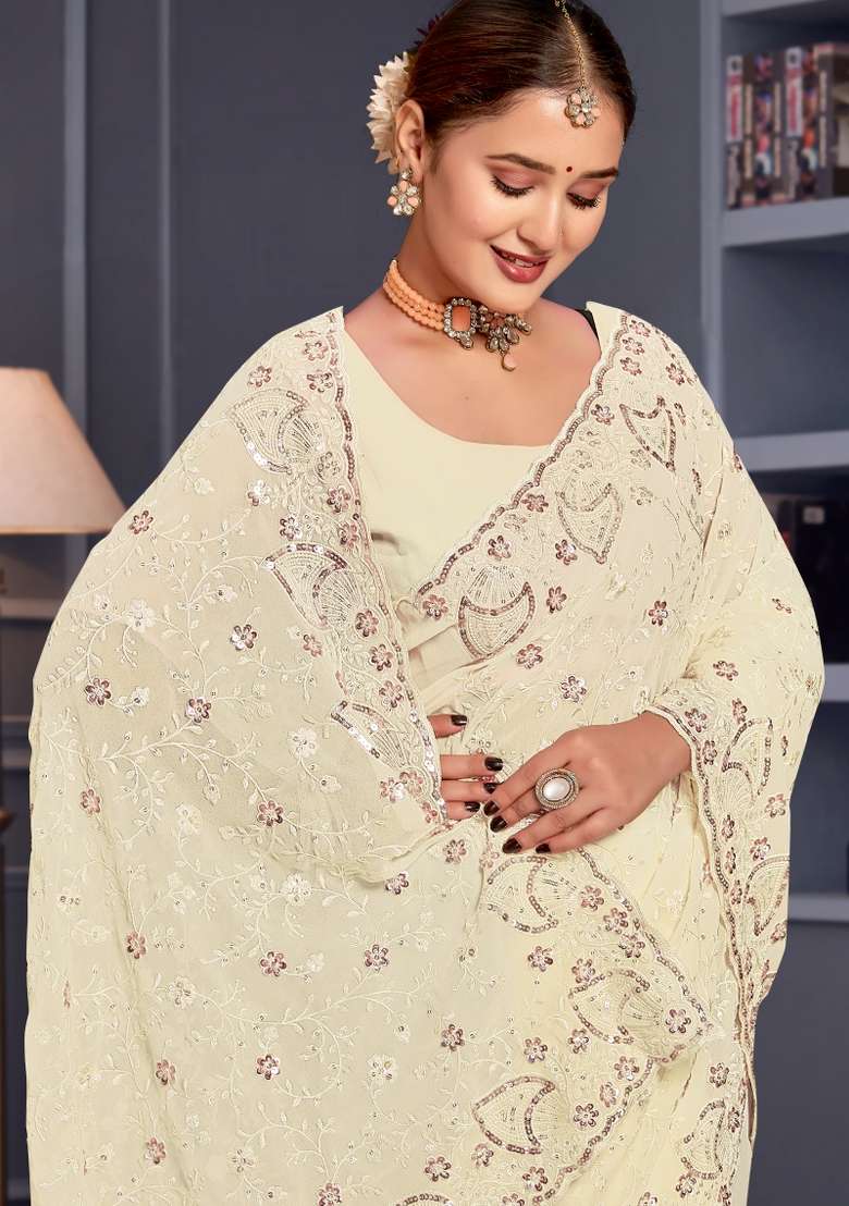 Off White Embroidered Georgette Saree Set - Indya