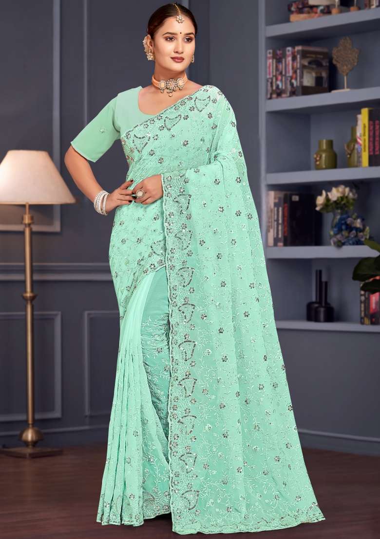 Sea Green Embroidered Georgette Saree Set - Indya
