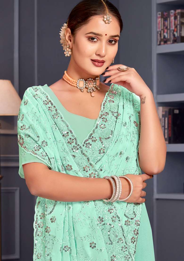 Sea Green Embroidered Georgette Saree Set - Indya