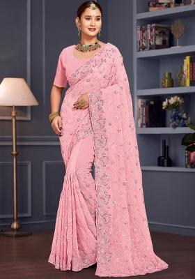 Pink Embroidered Georgette Saree Set
