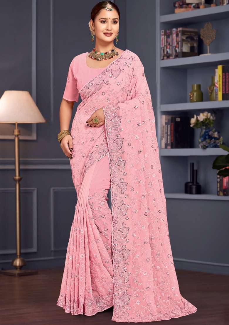 Pink Embroidered Georgette Saree Set - Indya