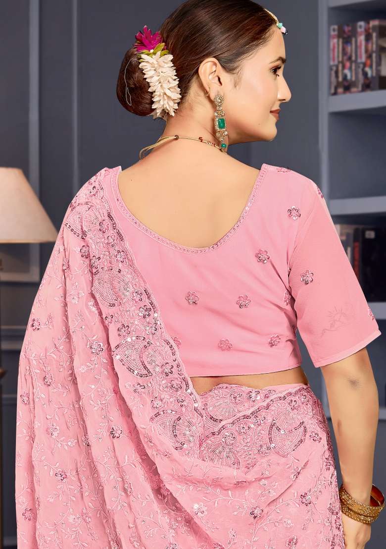 Pink Embroidered Georgette Saree Set - Indya