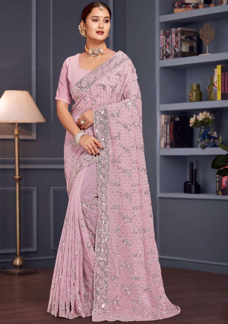 Lavender Embroidered Georgette Saree Set - Indya
