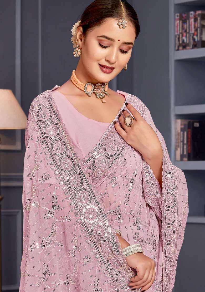 Lavender Embroidered Georgette Saree Set - Indya