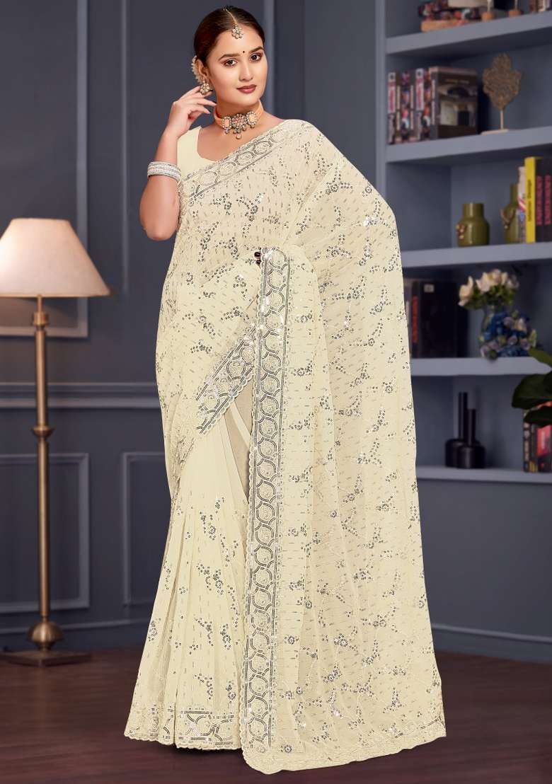 Off White Embroidered Georgette Saree Set - Indya