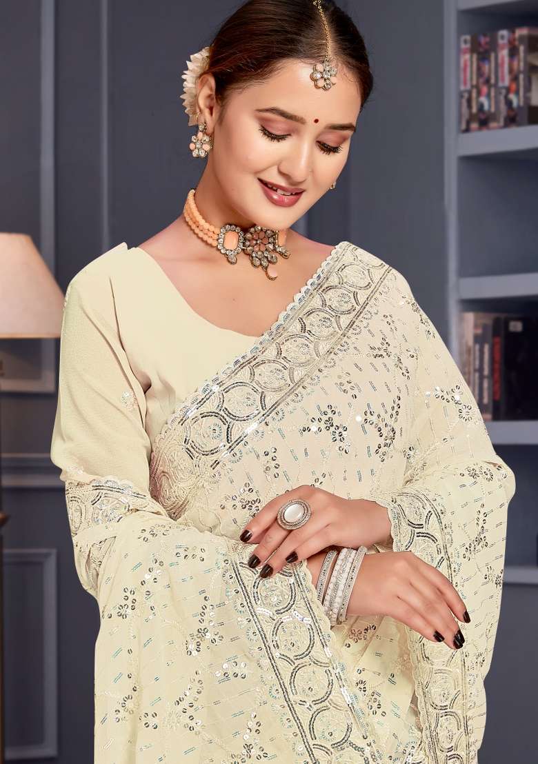 Off White Embroidered Georgette Saree Set - Indya
