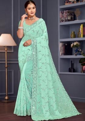 Sea Green Embroidered Georgette Saree Set