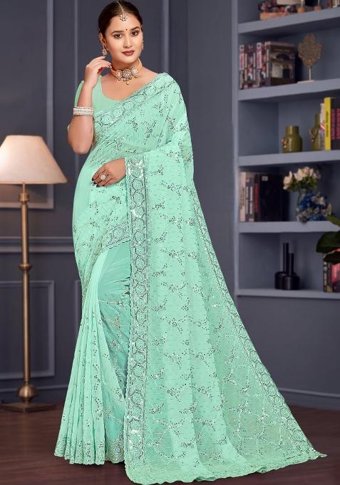 Sea Green Embroidered Georgette Saree Set