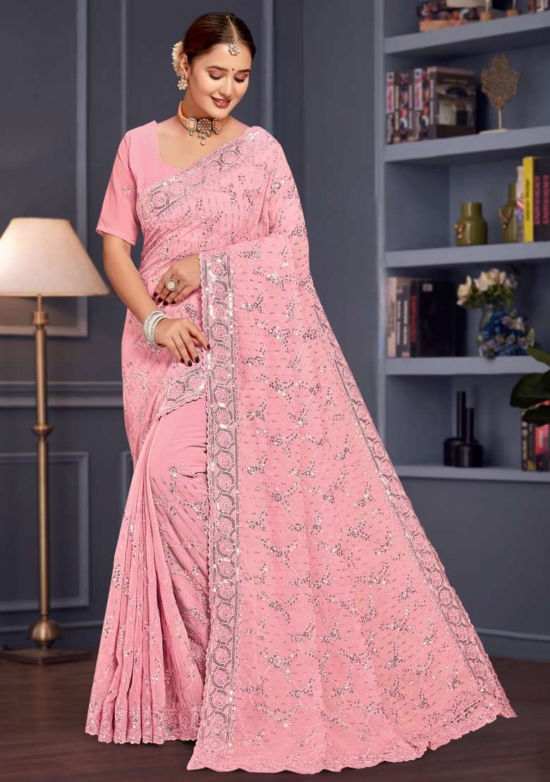 Pink Embroidered Georgette Saree Set - Indya