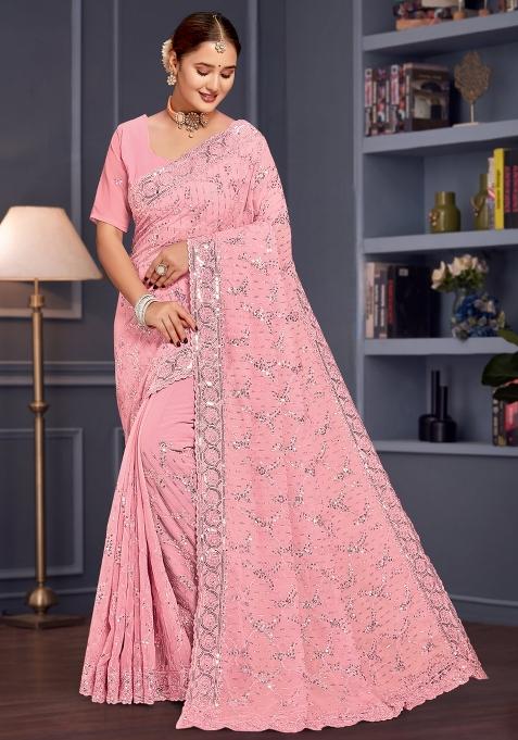 Pink Embroidered Georgette Saree Set