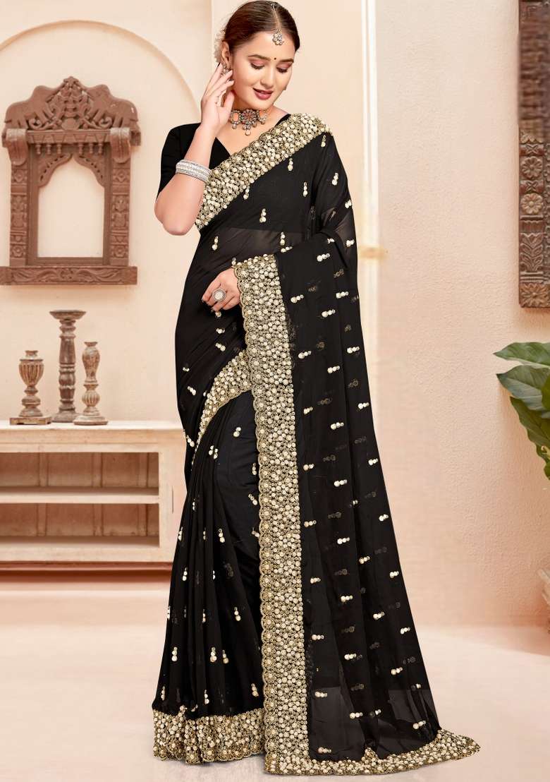 Black Embroidered Georgette Saree Set for Diwali and Festive Wear - Indya