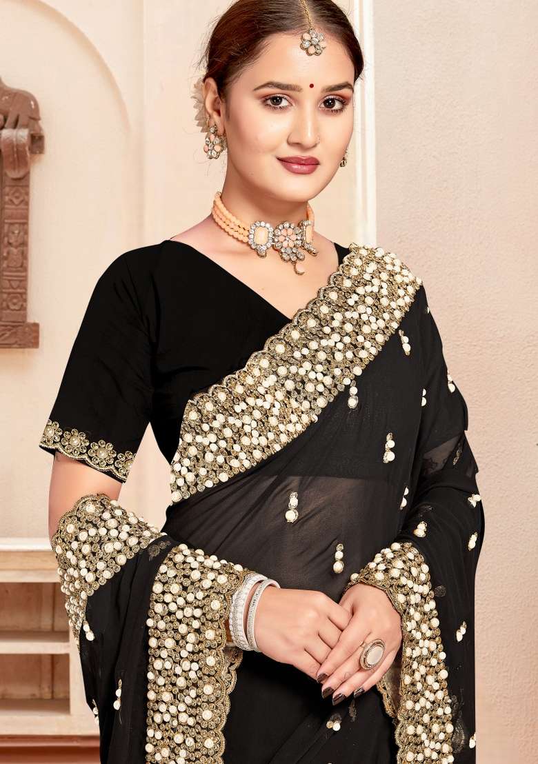 Black Embroidered Georgette Saree Set for Diwali and Festive Wear - Indya