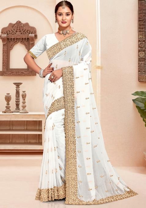 White Embroidered Georgette Saree Set