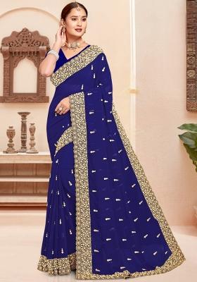 Navy Blue Embroidered Georgette Saree Set