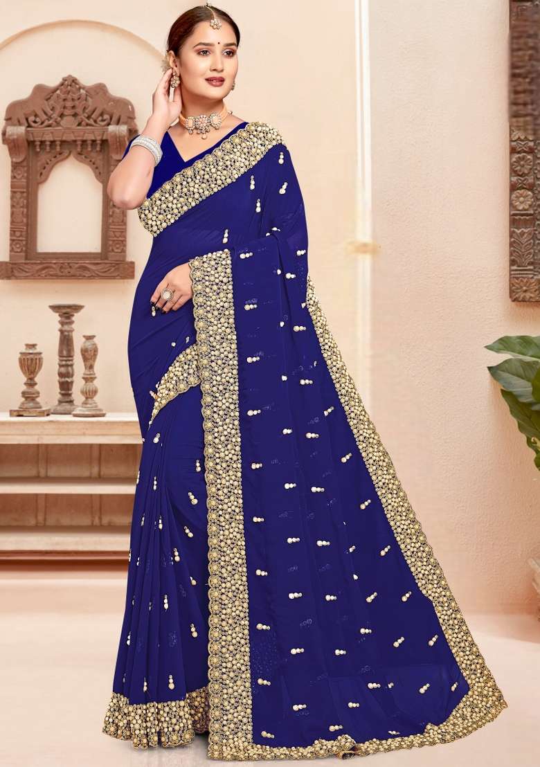 Navy Blue Georgette Saree Set with Embroidered for Diwali | Wedding & Festive Wear - Indya
