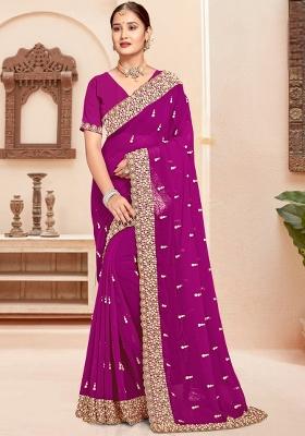 Wine Embroidered Georgette Saree Set