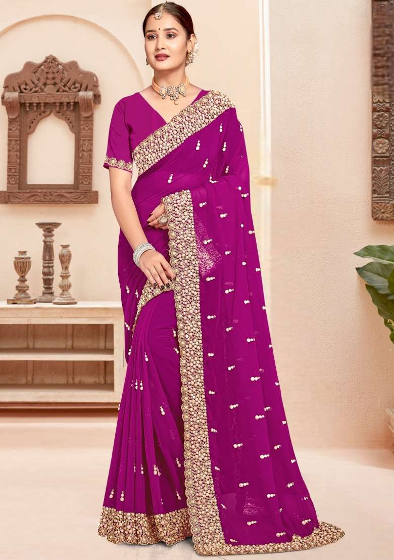 Wine Embroidered Georgette Saree Set - Indya