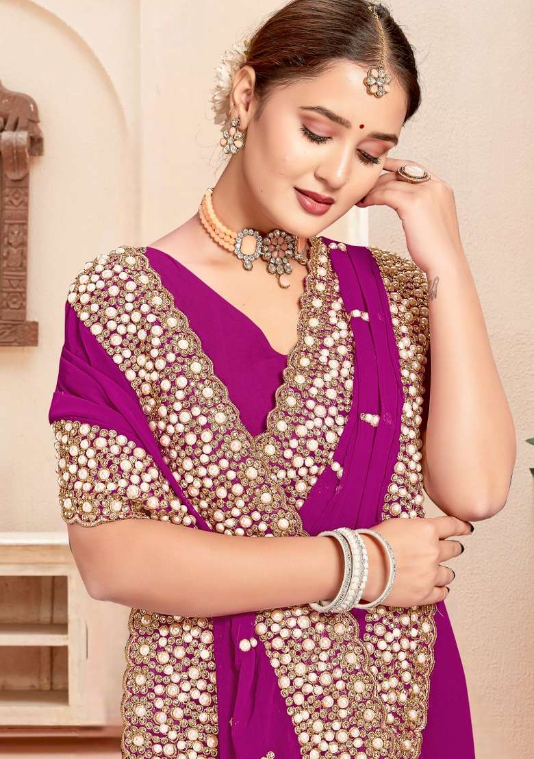 Wine Embroidered Georgette Saree Set - Indya