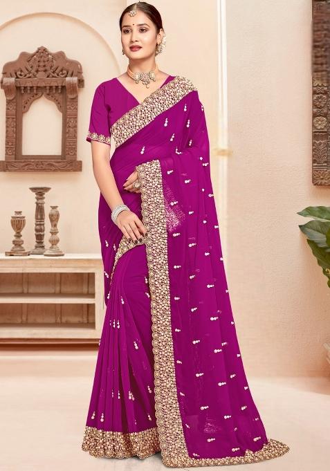 Wine Embroidered Georgette Saree Set