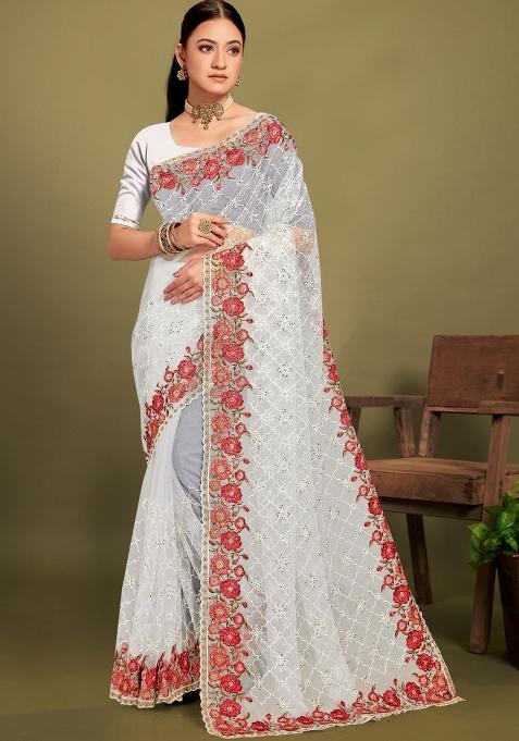 White Embroidered Net Saree Set