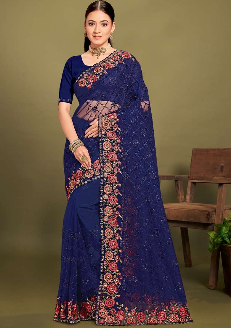 Navy Blue Net Saree Set with Embroidered for Diwali | Wedding & Festive Wear - Indya