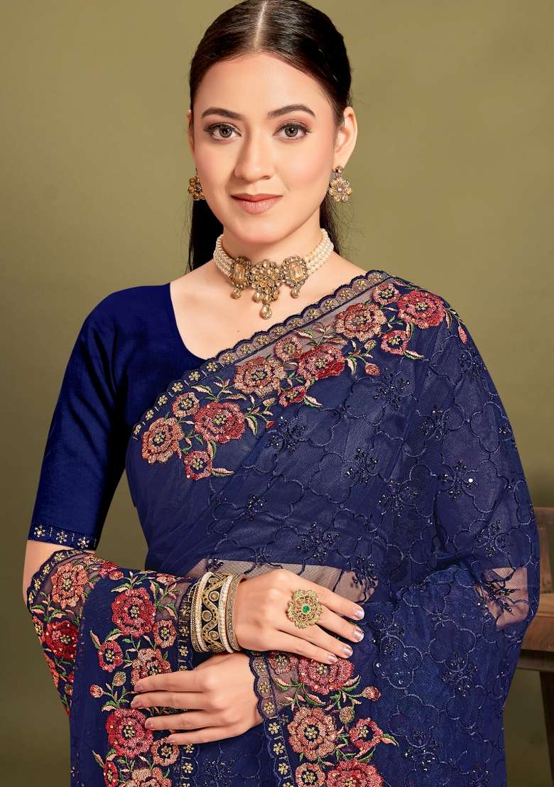 Navy Blue Net Saree Set with Embroidered for Diwali | Wedding & Festive Wear - Indya