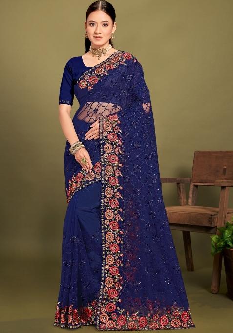 Navy Blue Embroidered Net Saree Set