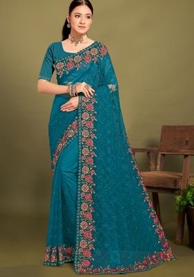 Blue Embroidered Net Saree Set