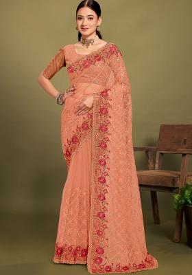 Dusty Peach Embroidered Net Saree Set