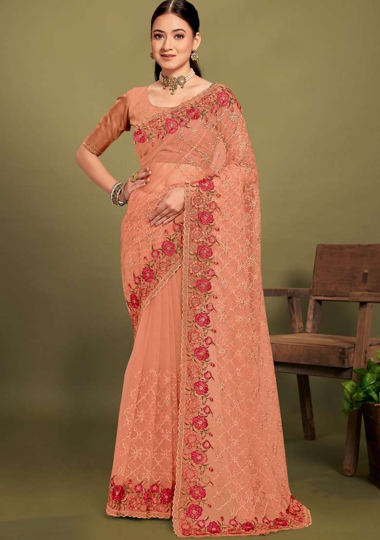 Dusty Peach Net Saree Set with Embroidered for Diwali | Wedding & Festive Wear - Indya