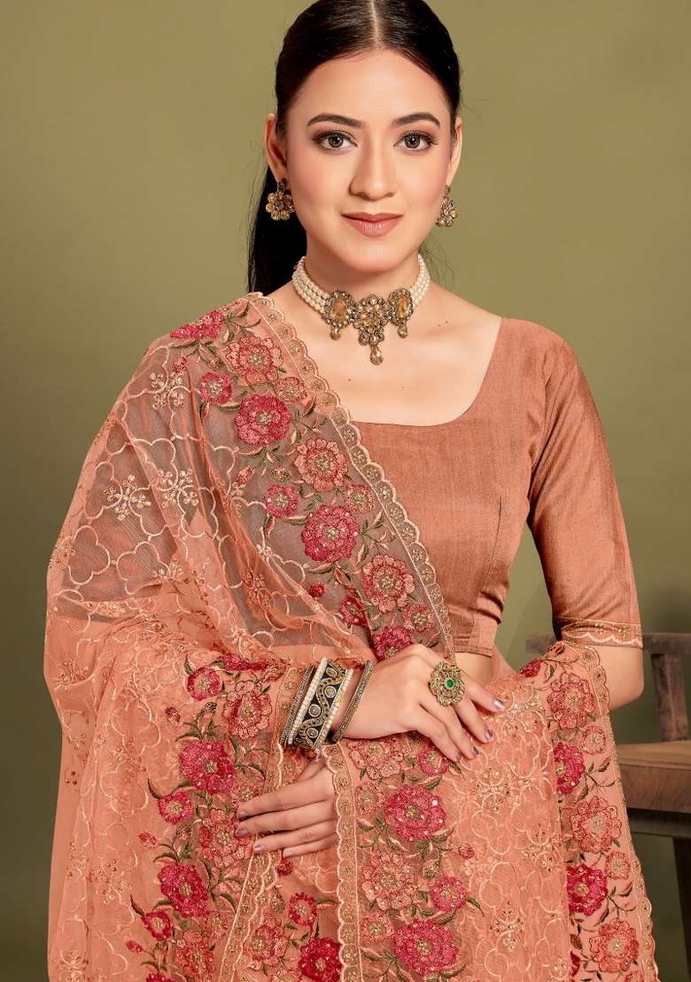 Dusty Peach Net Saree Set with Embroidered for Diwali | Wedding & Festive Wear - Indya