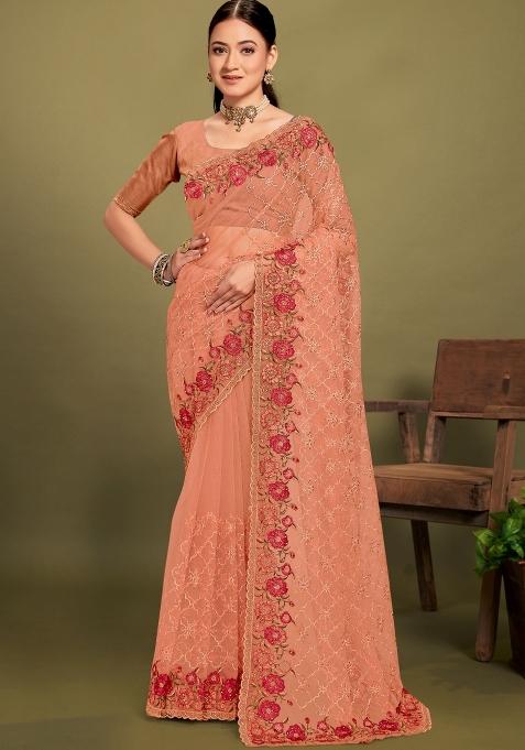 Dusty Peach Embroidered Net Saree Set