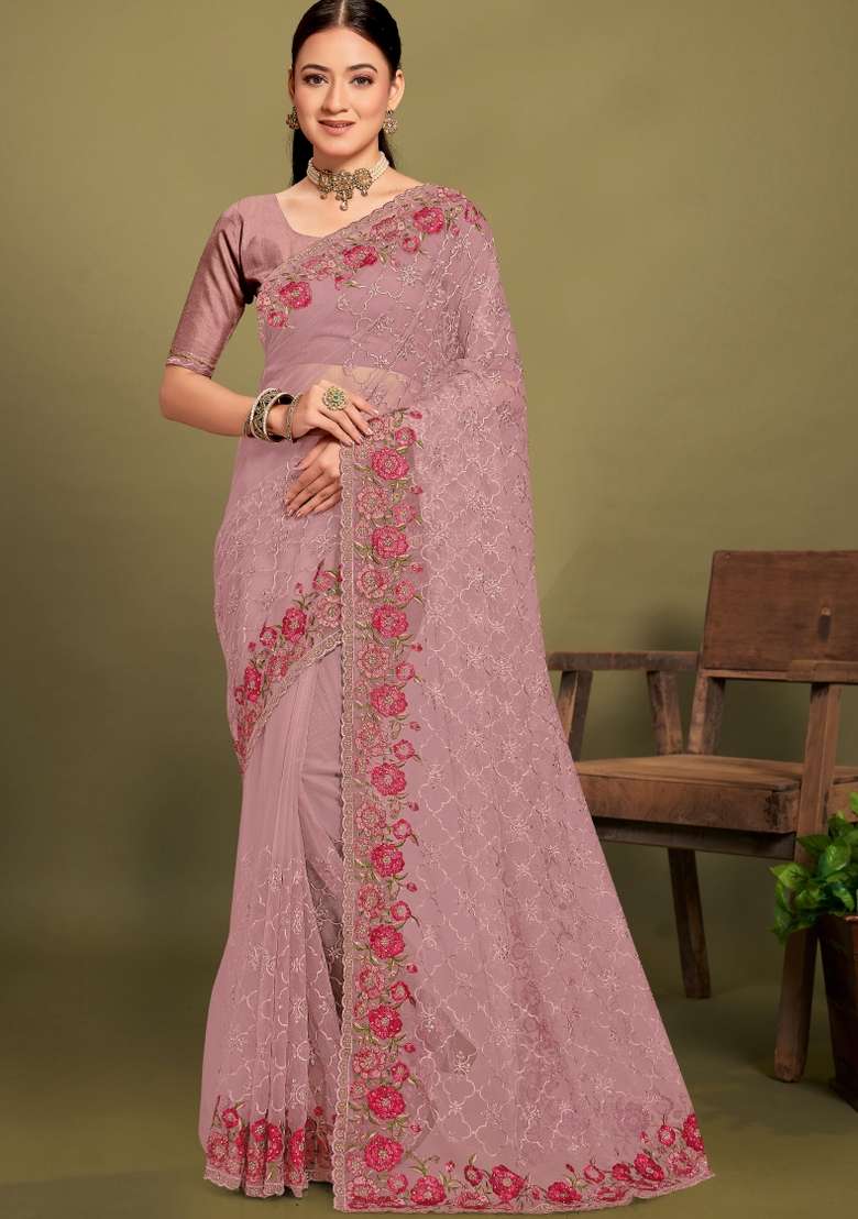 Lavender Embroidered Net Saree Set for Diwali and Festive Wear - Indya