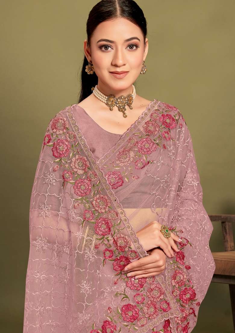 Lavender Embroidered Net Saree Set for Diwali and Festive Wear - Indya