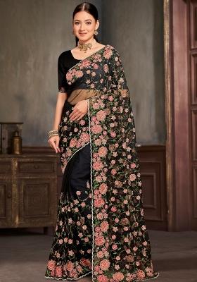 Black Embroidered Net Saree Set